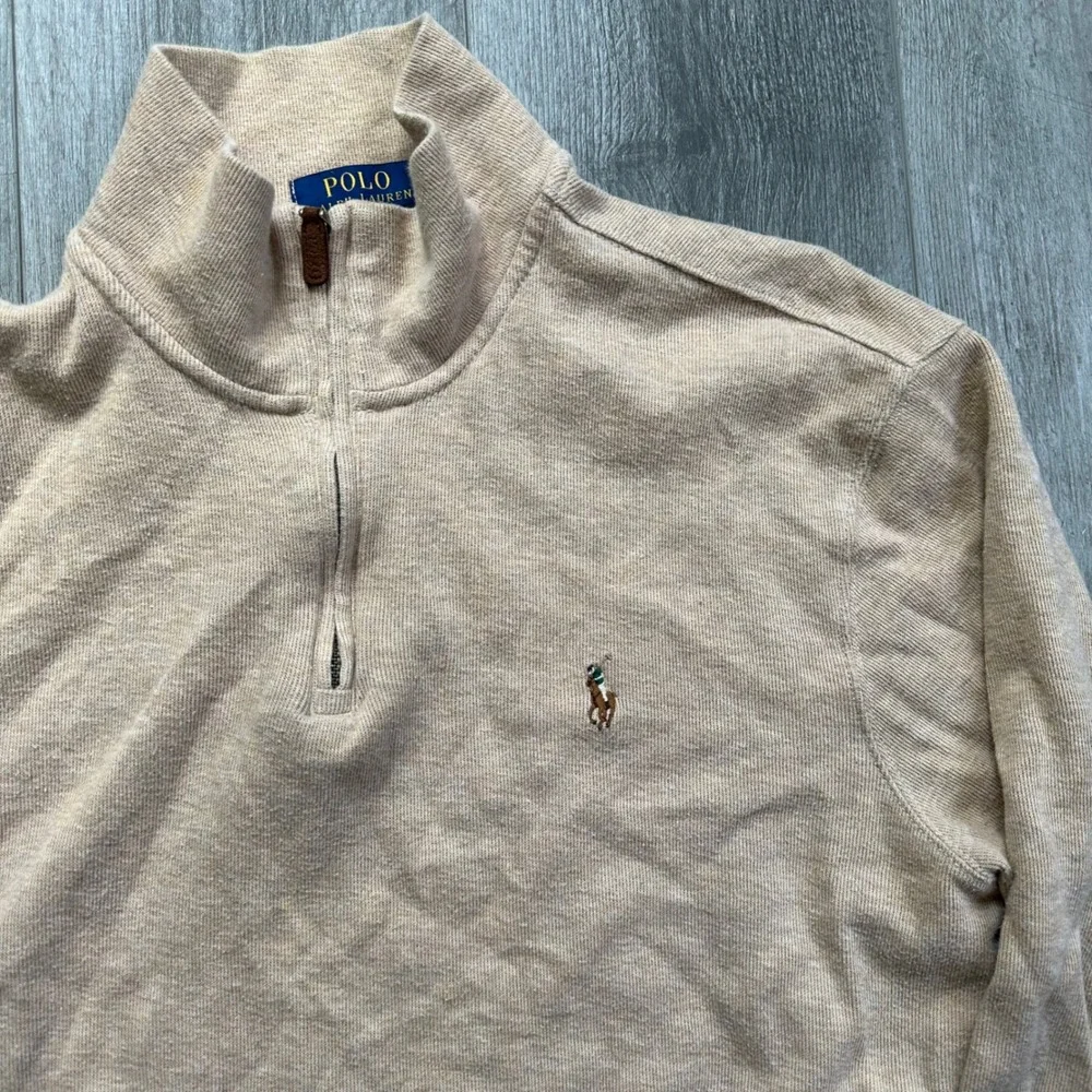 Polo Ralph Lauren 1/4 Zip Beige Cotton Pullover Sweater Men's L Estate rib